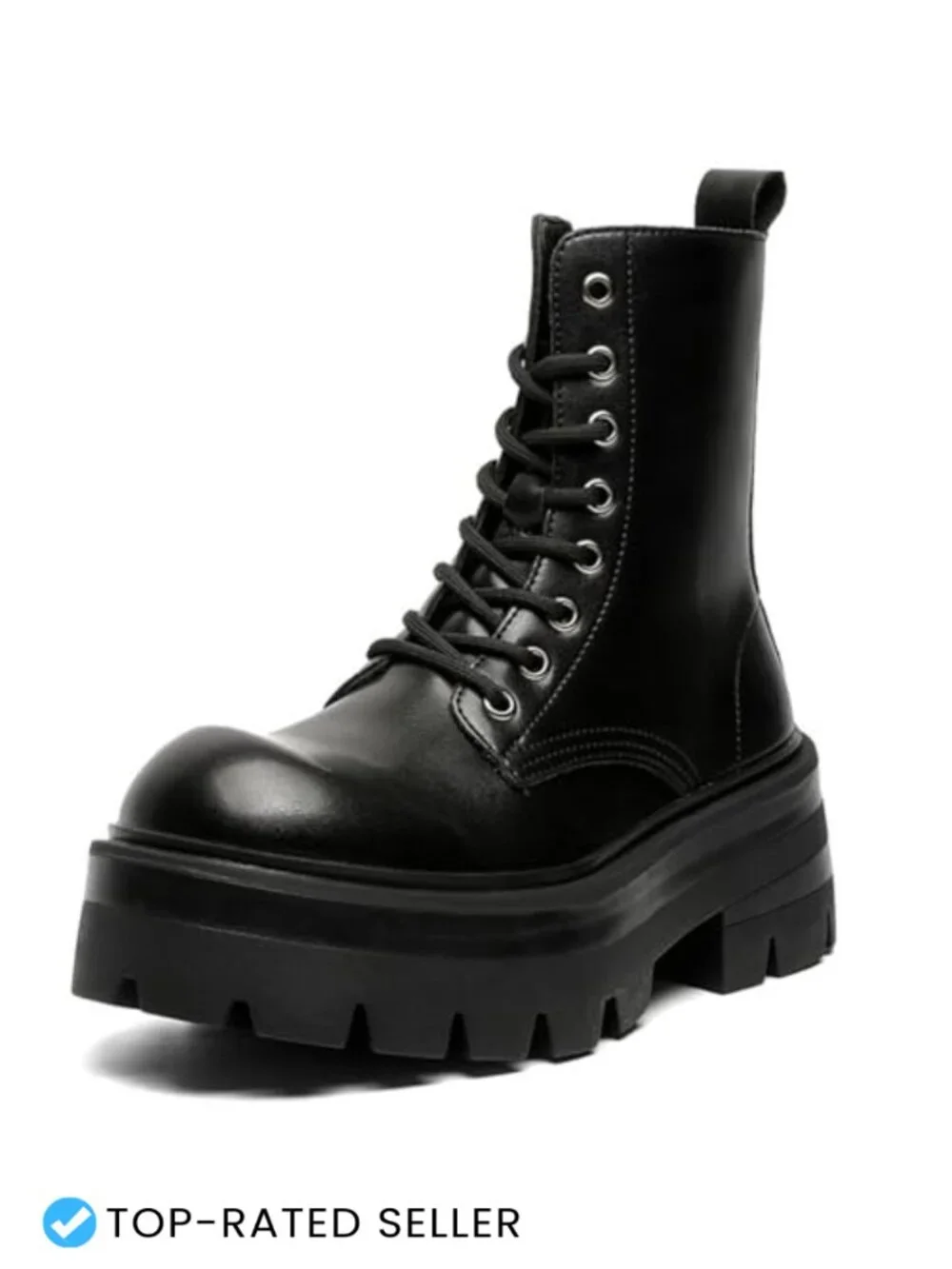 Black Leather Chunky Platform Combat Boots Side Zipper Lug Sole Ankle Boots